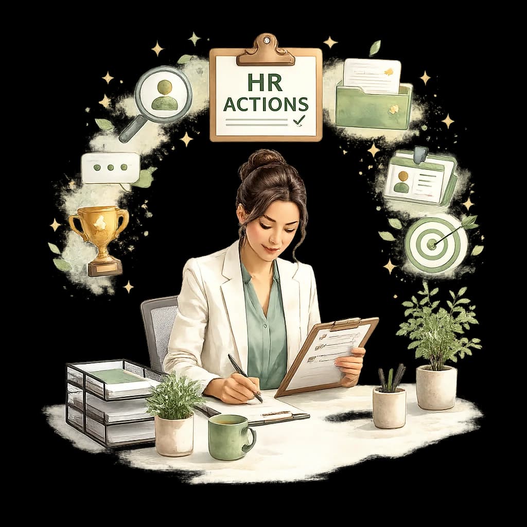Illustration of HR Action documents organised in a green case file