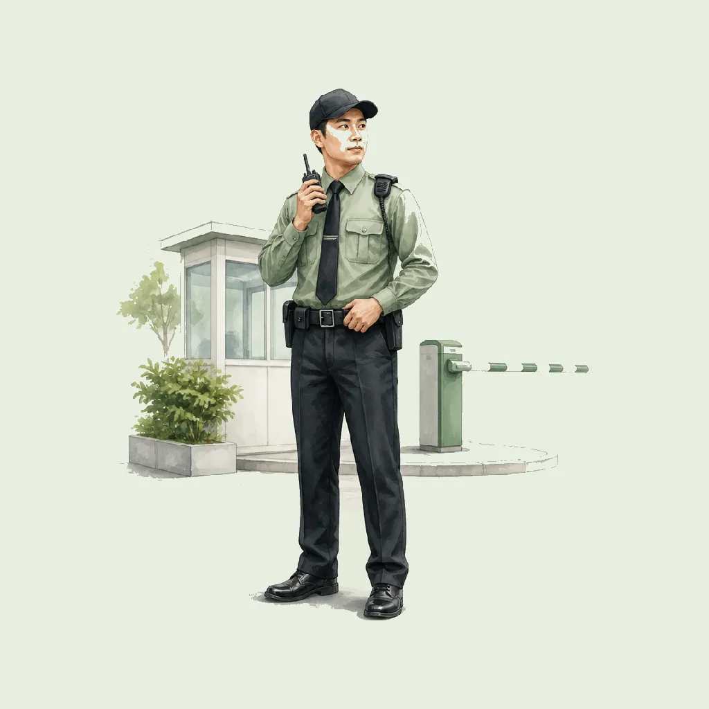 Watercolour illustration showing Security Guard at work in Admin & Support on a pale sage background