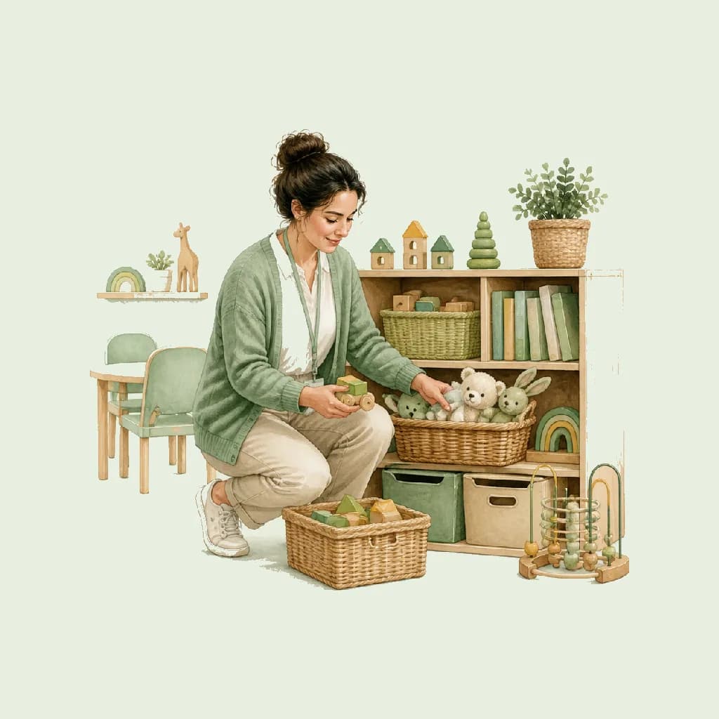 Watercolour illustration showing Toy Library Coordinator (Resource lending) at work in Child Day-Care on a pale sage background