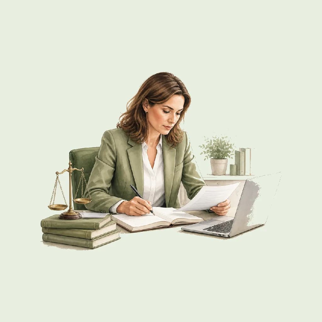 Watercolour illustration showing Employment Law Advisor (Internal) at work in Legal on a pale sage background