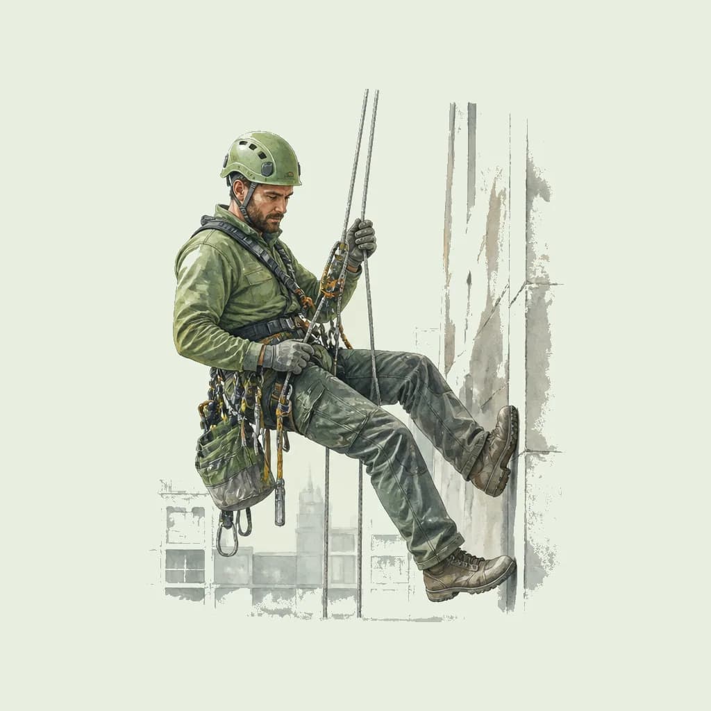 Watercolour illustration showing Abseiler (Construction) at work in Specialist Construction on a pale sage background