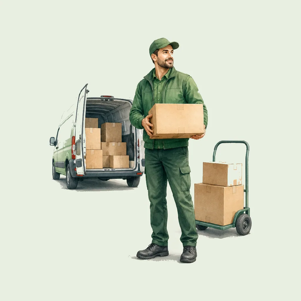 Watercolour illustration showing Delivery Driver at work in Wholesale & Retail on a pale sage background