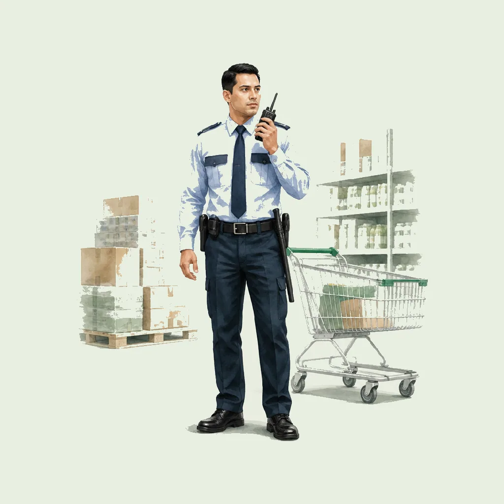 Watercolour illustration showing Security Guard at work in Wholesale & Retail on a pale sage background