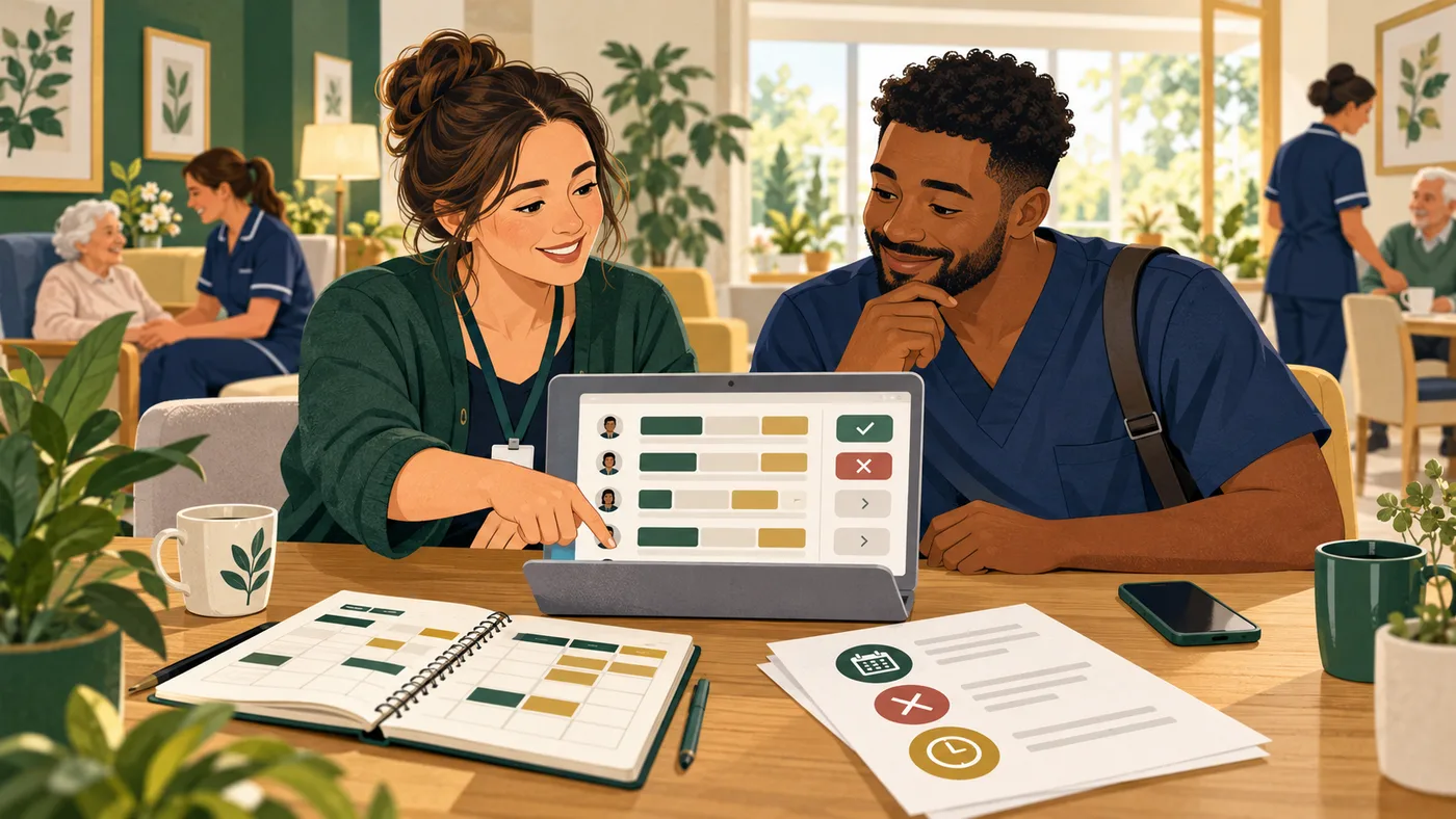 A scheduler and bank worker reviewing availability and cancellation rules