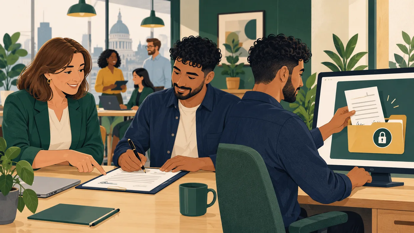 An agreed contract being signed and stored as part of onboarding