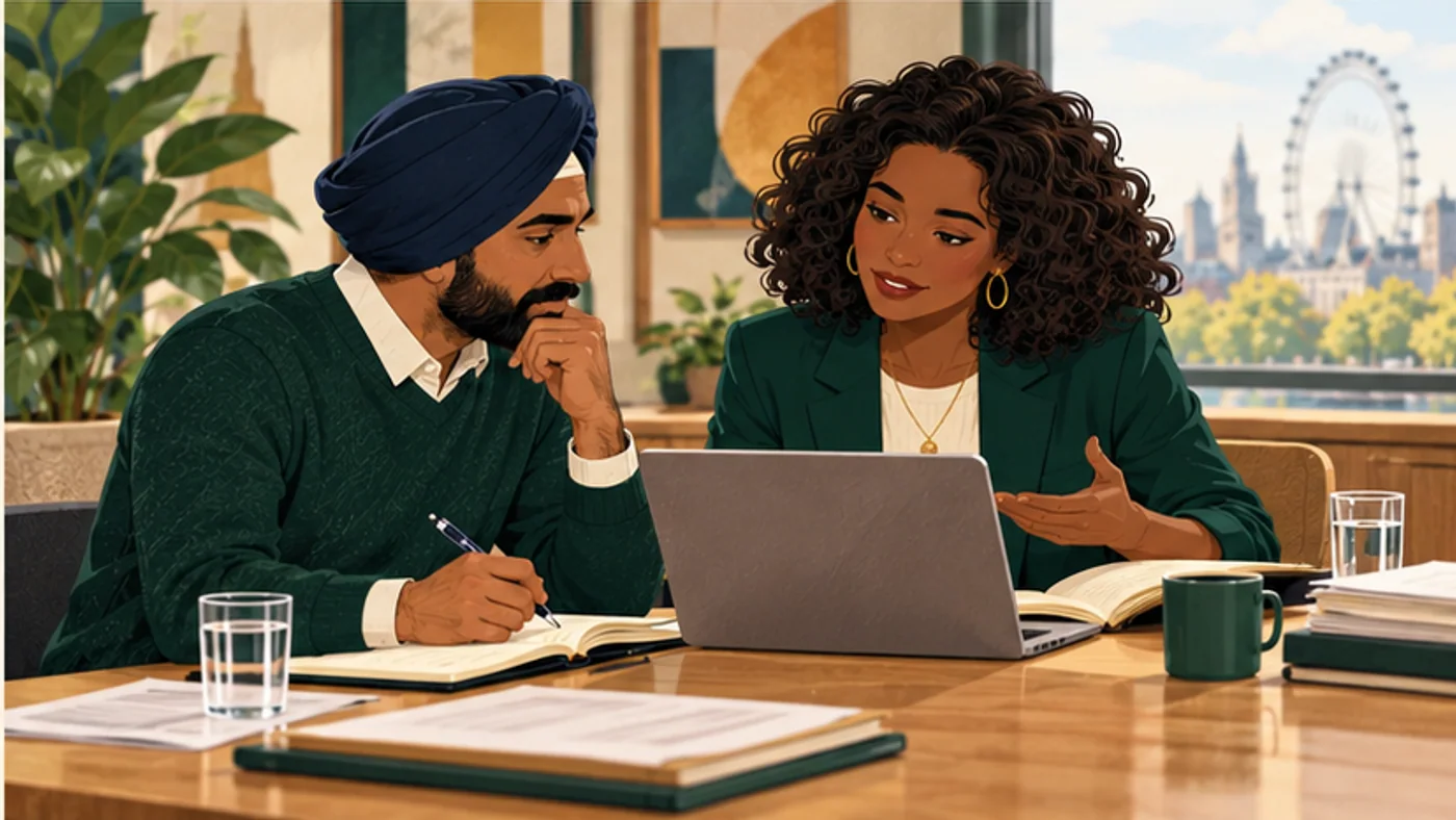 An employer reviewing contracts, policies and case records together