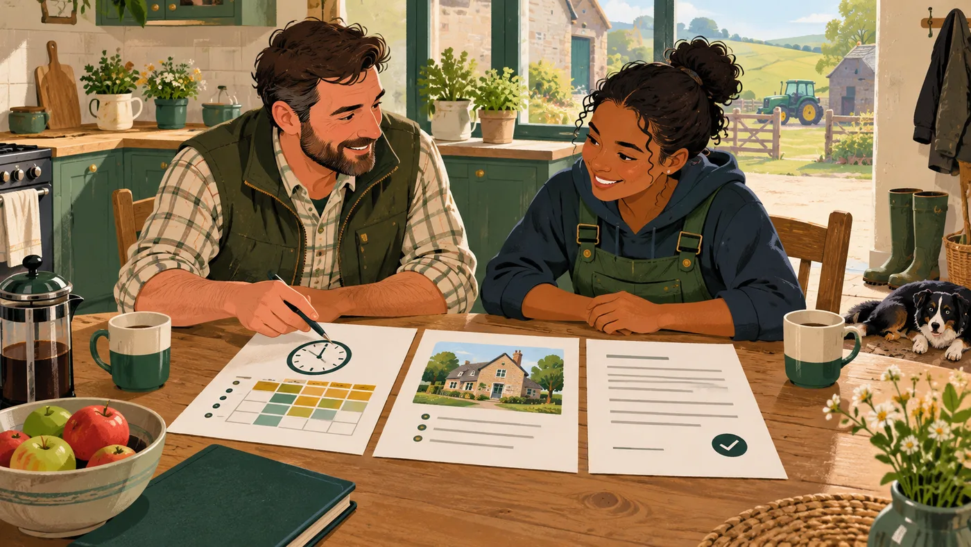 A farm employer and worker reviewing hours and accommodation terms