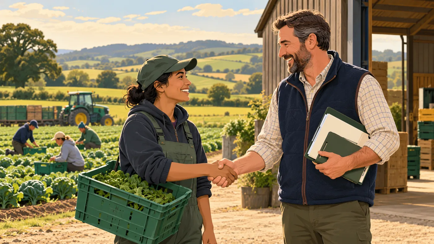 A farm manager welcoming a seasonal agricultural worker