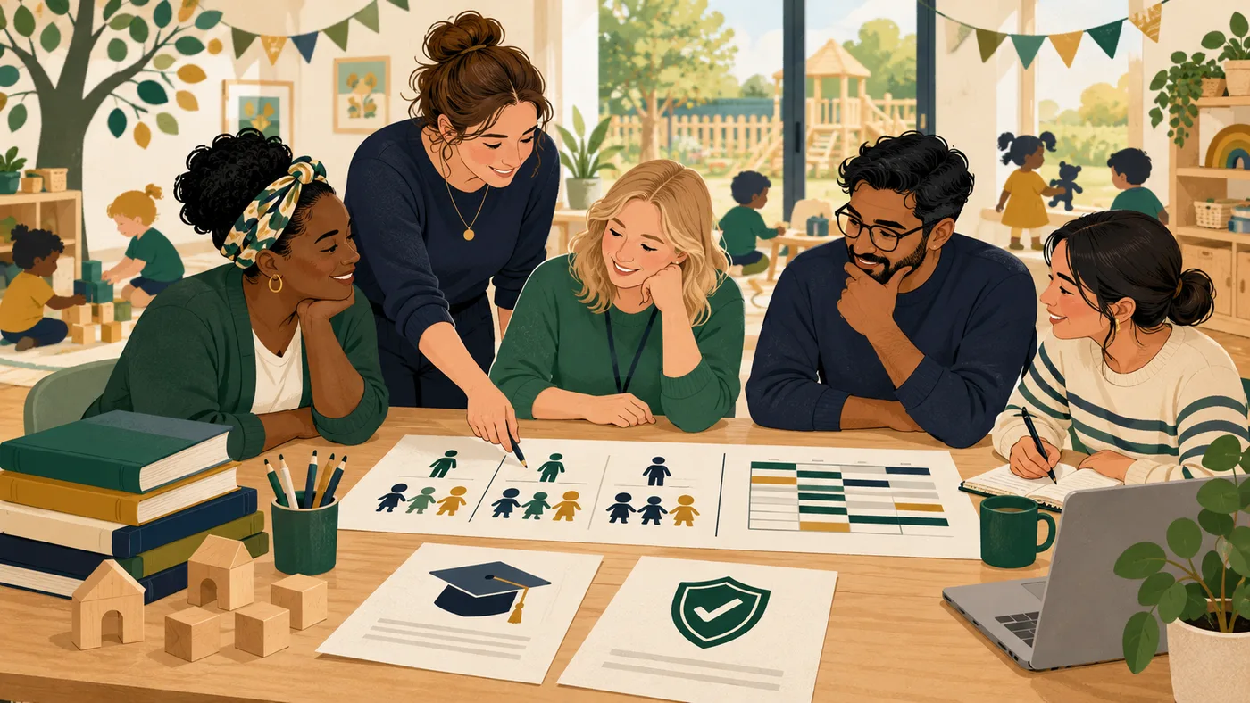A childcare team planning qualifications, ratios and shift coverage
