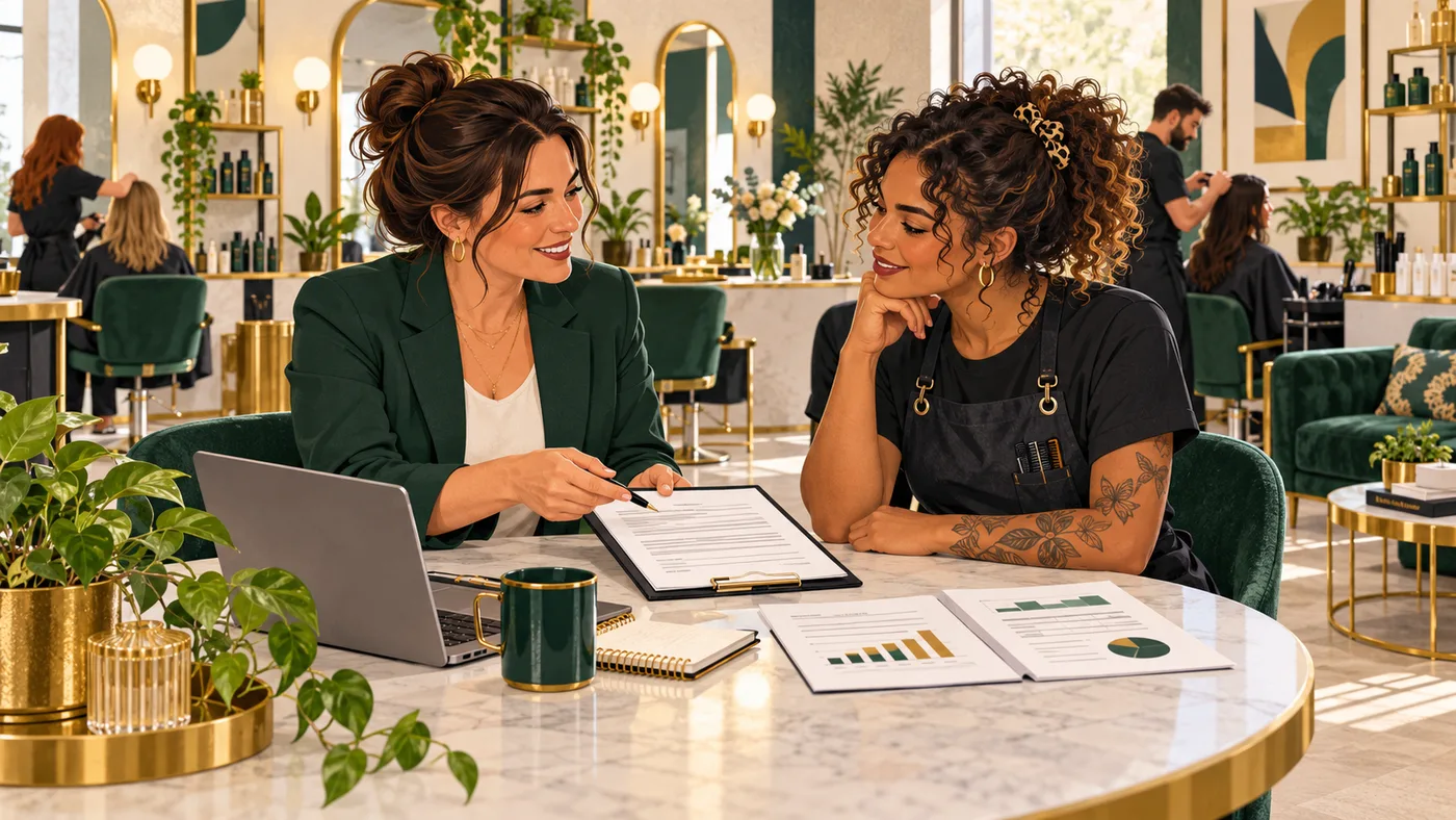 A salon owner and stylist discussing contract, commission and tips