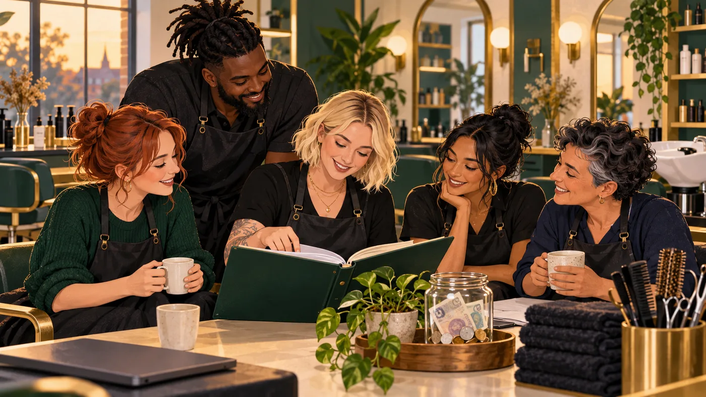 A salon team reviewing its handbook and transparent tipping policy